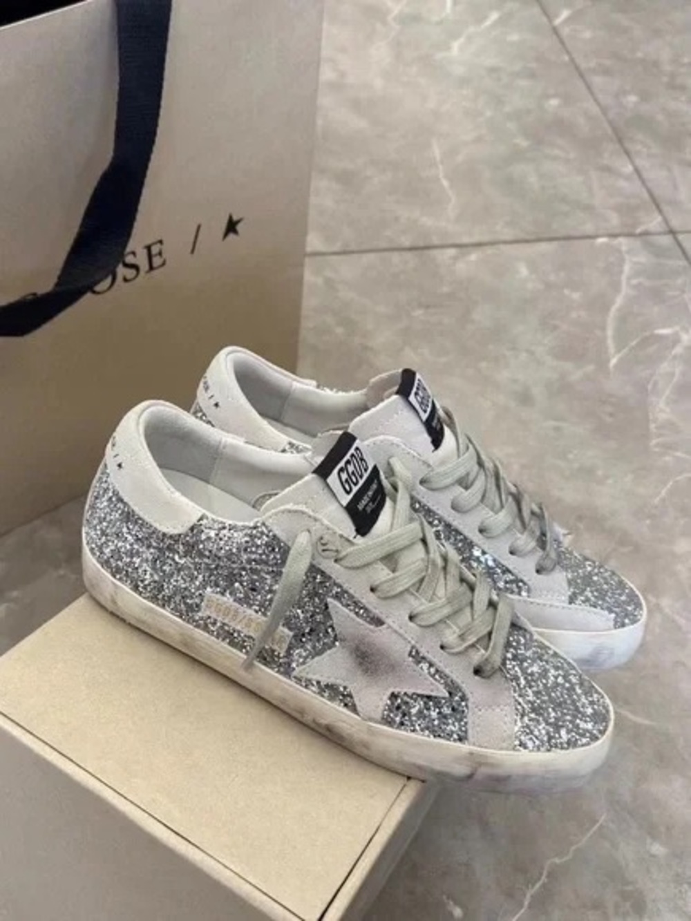 Golden Goose Silver Glitter Superstar Low-Top Sneakers